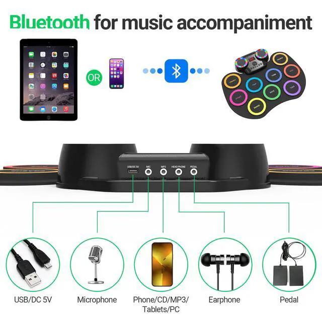 Alt view image 6 of 6 - Electronic Drum Set 9Pads with LED Lights, Bluetooth Portable Electronic Drum Kit, Roll-Up Practice Drum Pad, Built-in Dual Speakers, Headphone, Holiday Birthday Gift for Kids