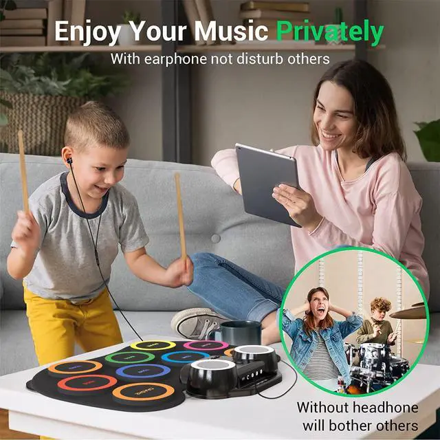 Alt view image 4 of 6 - Electronic Drum Set 9Pads with LED Lights, Bluetooth Portable Electronic Drum Kit, Roll-Up Practice Drum Pad, Built-in Dual Speakers, Headphone, Holiday Birthday Gift for Kids