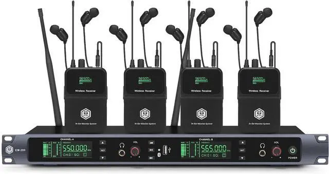 Main image of UHF Wireless in Ear Monitor System, 2 Channel with 4 Bodypacks Mono IEM System, PLL Technology, 300ft Range, Ultra-Low Latency for Live Stage, Recording Studio & Musicians