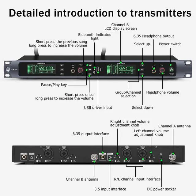 Alt view image 5 of 7 - UHF Wireless in Ear Monitor System, 2 Channel with 4 Bodypacks Mono IEM System, PLL Technology, 300ft Range, Ultra-Low Latency for Live Stage, Recording Studio & Musicians