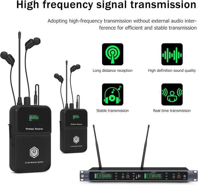Alt view image 7 of 7 - UHF Wireless in Ear Monitor System, 2 Channel with 4 Bodypacks Mono IEM System, PLL Technology, 300ft Range, Ultra-Low Latency for Live Stage, Recording Studio & Musicians