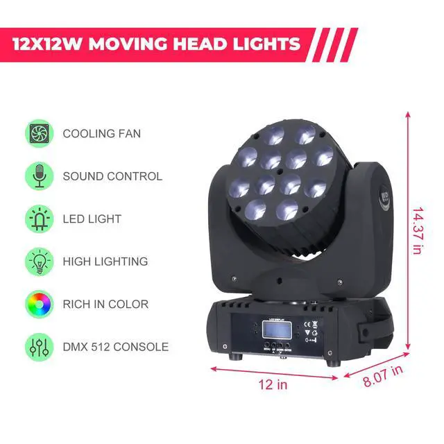 Alt view image 7 of 7 - Moving Head Light Beam Wash 12x12W LED Stage Lighting RGBW 4in1 Professional DMX 512 Strobe Effect Sound Activated DJ Lights for DJ Night Clubs Disco KTV Bar Show (2 Pack)