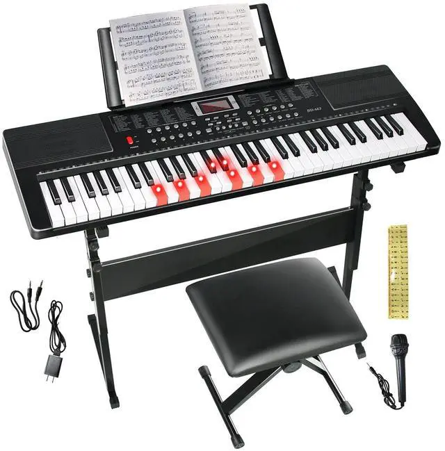 Main image of Keyboard Piano 61 Key Electric Piano Keyboard for Beginners/Professional, Portable Light Up Music Keyboard Built-in Dual Speakers with LED Display, Music Stand, Stand, Microphone, Bench (A)