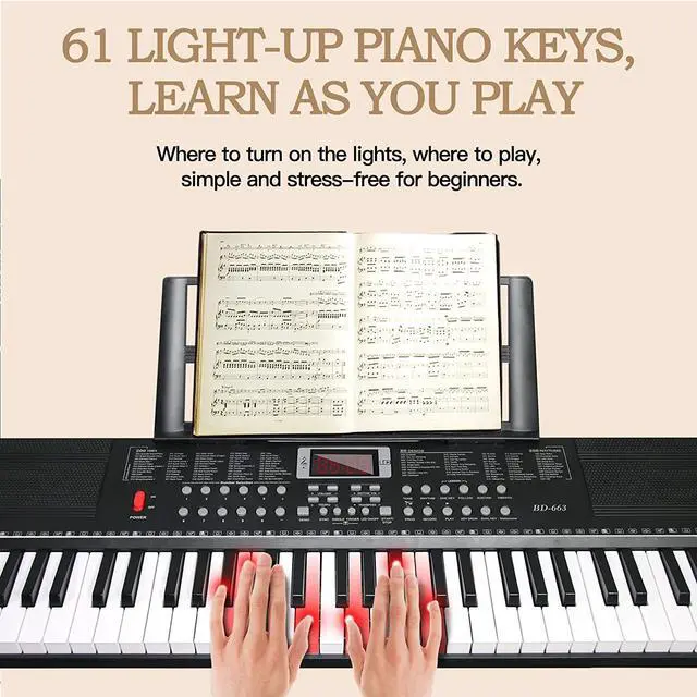 Alt view image 3 of 7 - Keyboard Piano 61 Key Electric Piano Keyboard for Beginners/Professional, Portable Light Up Music Keyboard Built-in Dual Speakers with LED Display, Music Stand, Stand, Microphone, Bench (A)