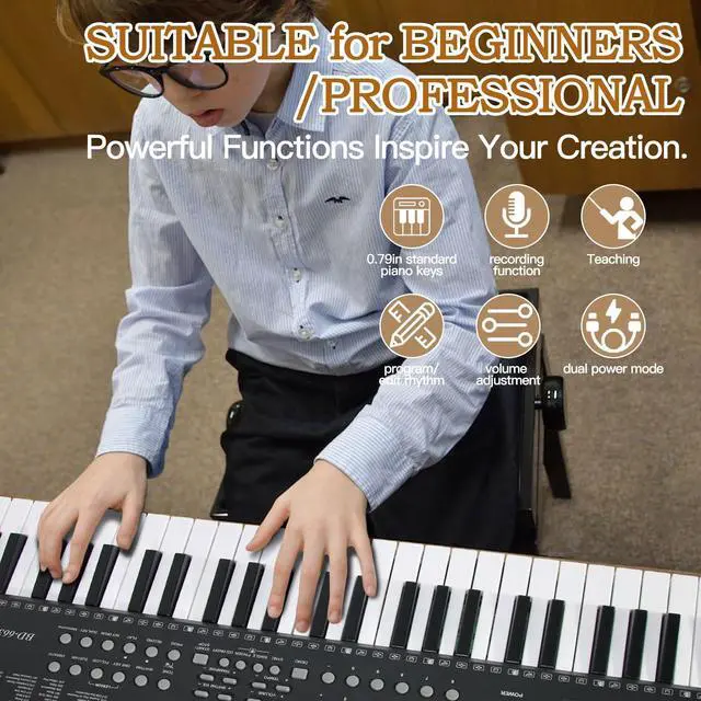 Alt view image 5 of 7 - Keyboard Piano 61 Key Electric Piano Keyboard for Beginners/Professional, Portable Light Up Music Keyboard Built-in Dual Speakers with LED Display, Music Stand, Stand, Microphone, Bench (A)