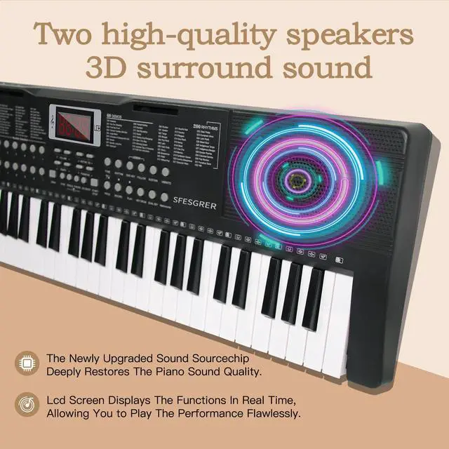 Alt view image 6 of 7 - Keyboard Piano 61 Key Electric Piano Keyboard for Beginners/Professional, Portable Light Up Music Keyboard Built-in Dual Speakers with LED Display, Music Stand, Stand, Microphone, Bench (A)