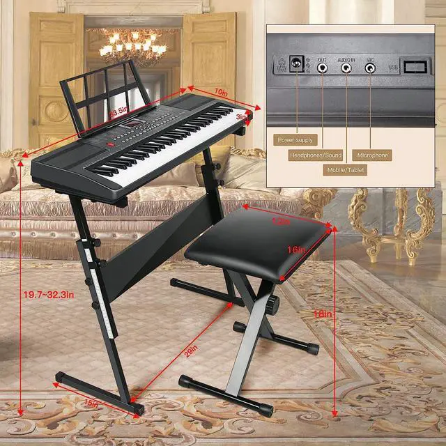 Alt view image 7 of 7 - Keyboard Piano 61 Key Electric Piano Keyboard for Beginners/Professional, Portable Light Up Music Keyboard Built-in Dual Speakers with LED Display, Music Stand, Stand, Microphone, Bench (A)