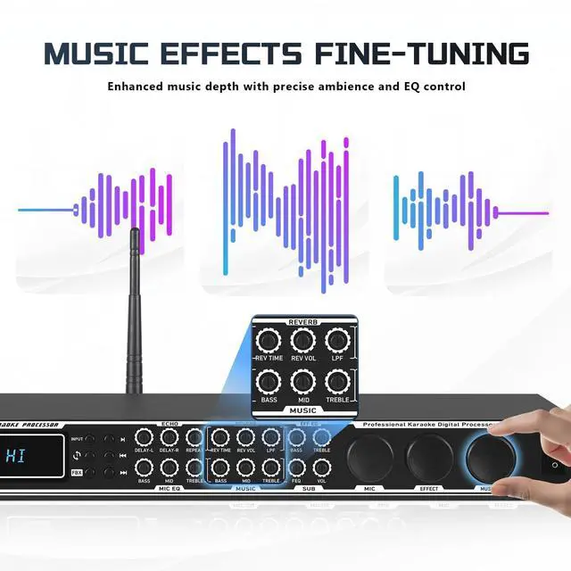 Alt view image 4 of 6 - Karaoke Processor System, Digital Pre-Stage Effector Vocal Effects Preamp KTV Mixer Equalizer with 4-level FBX, Anti-Howling Microphone Sound Audio Processor w/USB Bluetooth Optical Audio Input