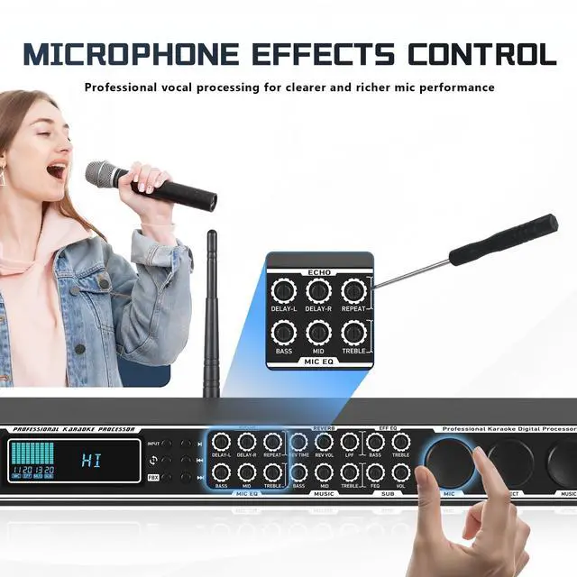 Alt view image 3 of 6 - Karaoke Processor System, Digital Pre-Stage Effector Vocal Effects Preamp KTV Mixer Equalizer with 4-level FBX, Anti-Howling Microphone Sound Audio Processor w/USB Bluetooth Optical Audio Input