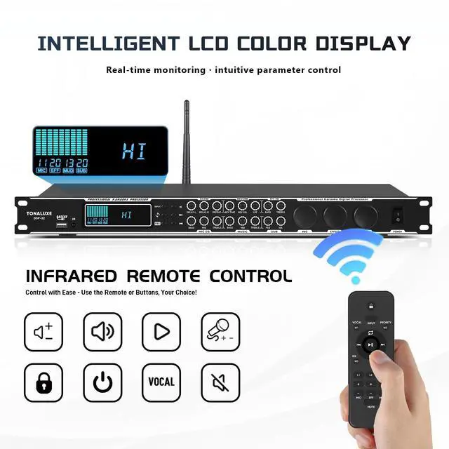 Alt view image 6 of 6 - Karaoke Processor System, Digital Pre-Stage Effector Vocal Effects Preamp KTV Mixer Equalizer with 4-level FBX, Anti-Howling Microphone Sound Audio Processor w/USB Bluetooth Optical Audio Input