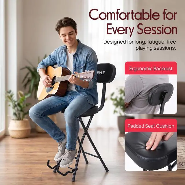 Alt view image 5 of 7 - Adjustable Guitar Seat with Built-In Stand, EVA Foam Padded Cradles, Removable Backrest, Non-Slip Rubber Feet, Collapsible Design Fits Acoustic, Electric & Bass Guitars 300 lbs Capacity