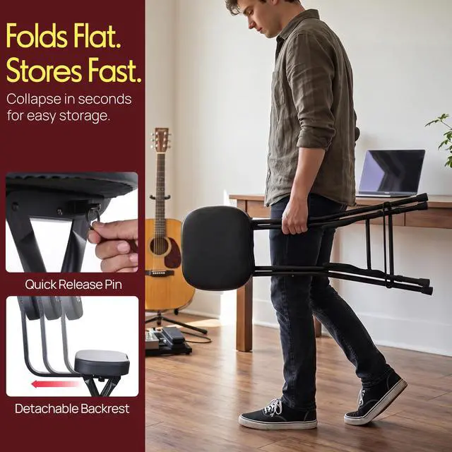 Alt view image 7 of 7 - Adjustable Guitar Seat with Built-In Stand, EVA Foam Padded Cradles, Removable Backrest, Non-Slip Rubber Feet, Collapsible Design Fits Acoustic, Electric & Bass Guitars 300 lbs Capacity