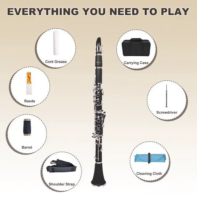 Alt view image 2 of 5 - Bb Clarinet for Beginners, Professional Black Wood Clarinet with Hard Case, Cleaning Cloth, and Fingering Chart, Reeds, for Students & Adults (ABS)