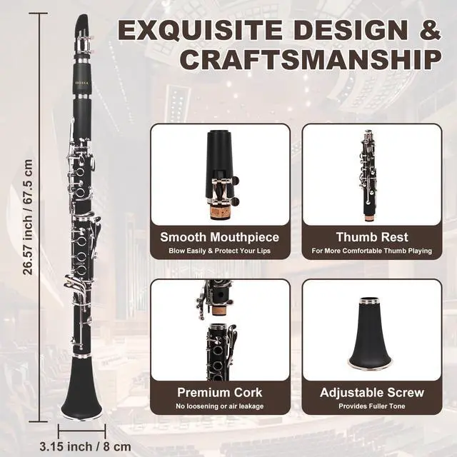 Alt view image 3 of 5 - Bb Clarinet for Beginners, Professional Black Wood Clarinet with Hard Case, Cleaning Cloth, and Fingering Chart, Reeds, for Students & Adults (ABS)