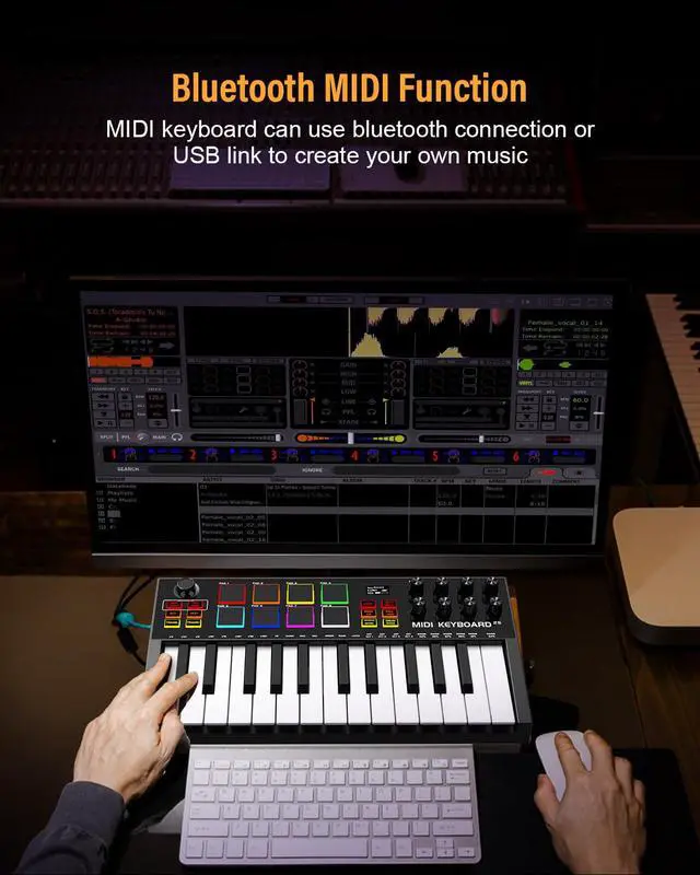 Alt view image 2 of 7 - MIDI Keyboard Controller, 25 Key Rechargeable MIDI Keyboard with 8 Backlit Drum Pads, 8 Knobs, OLED Display, DAW Integration, MIDI Controller for Music Production