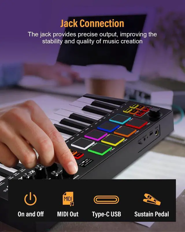 Alt view image 3 of 7 - MIDI Keyboard Controller, 25 Key Rechargeable MIDI Keyboard with 8 Backlit Drum Pads, 8 Knobs, OLED Display, DAW Integration, MIDI Controller for Music Production