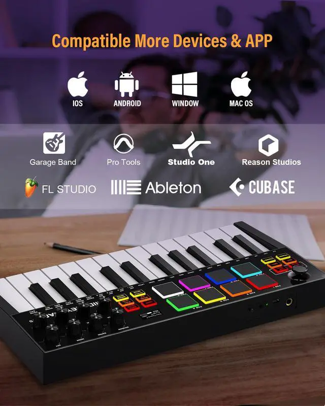 Alt view image 4 of 7 - MIDI Keyboard Controller, 25 Key Rechargeable MIDI Keyboard with 8 Backlit Drum Pads, 8 Knobs, OLED Display, DAW Integration, MIDI Controller for Music Production