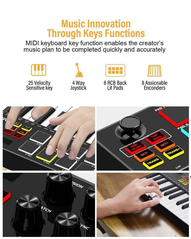Alt view image 5 of 7 - MIDI Keyboard Controller, 25 Key Rechargeable MIDI Keyboard with 8 Backlit Drum Pads, 8 Knobs, OLED Display, DAW Integration, MIDI Controller for Music Production