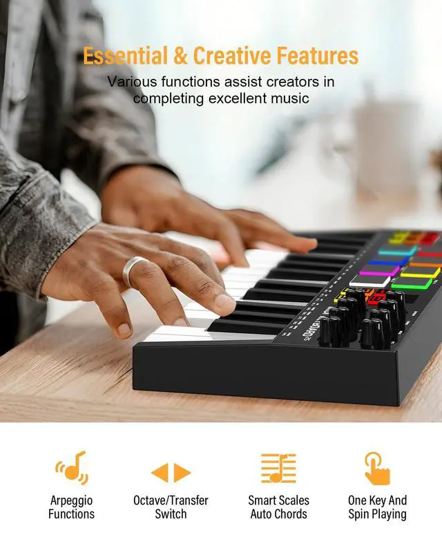 Alt view image 6 of 7 - MIDI Keyboard Controller, 25 Key Rechargeable MIDI Keyboard with 8 Backlit Drum Pads, 8 Knobs, OLED Display, DAW Integration, MIDI Controller for Music Production