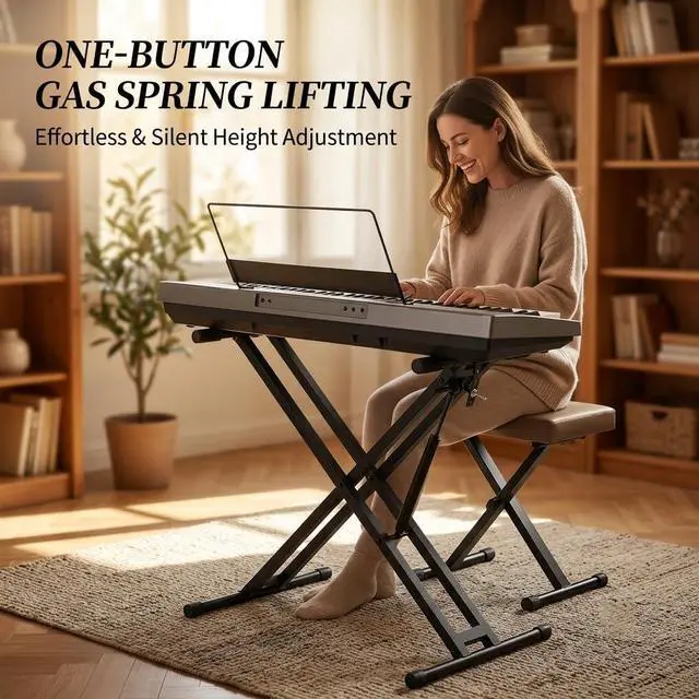 Alt view image 2 of 7 - Keyboard Piano Stand Gas Spring One-button Easy and Smooth Lifting Function Heavy Duty X Style Adjustable and Portable Music Keyboard Stand with Locking Straps with Skid-proof Pads GKS-02