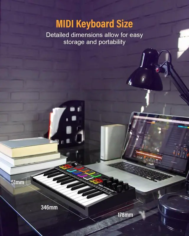 Alt view image 7 of 7 - MIDI Keyboard Controller, 25 Key Rechargeable MIDI Keyboard with 8 Backlit Drum Pads, 8 Knobs, OLED Display, DAW Integration, MIDI Controller for Music Production