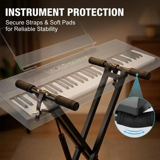 Alt view image 4 of 7 - Keyboard Piano Stand Gas Spring One-button Easy and Smooth Lifting Function Heavy Duty X Style Adjustable and Portable Music Keyboard Stand with Locking Straps with Skid-proof Pads GKS-02