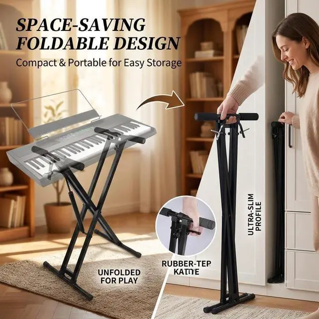Alt view image 7 of 7 - Keyboard Piano Stand Gas Spring One-button Easy and Smooth Lifting Function Heavy Duty X Style Adjustable and Portable Music Keyboard Stand with Locking Straps with Skid-proof Pads GKS-02