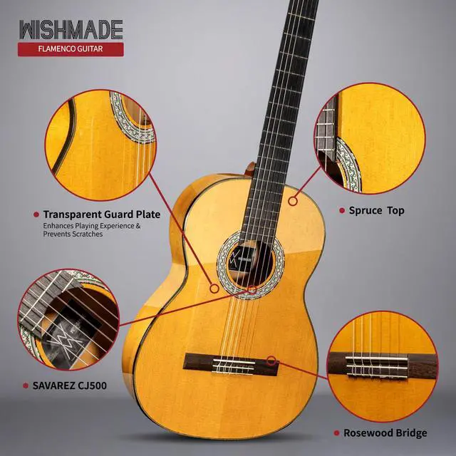 Alt view image 3 of 7 - Flamenco Acoustic Classical Nylon String Guitar Beginner Adult | Spruce top, cypress back and sides, pure acoustic for traditional flamenco, includes padded gig bag for stage practice