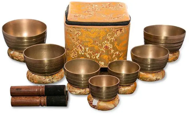 Main image of Tibetan Singing Bowl Set of 7, Handmade Singing Bowl for Meditation & Holistic Healing, Yoga Accessories, 3-5 Brass Singing Bowls with Wooden Striker, Cushion & Gold Carry Box
