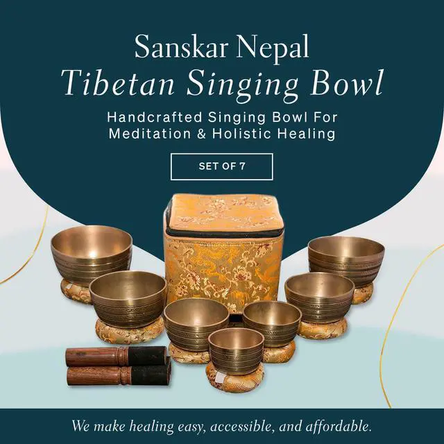 Alt view image 2 of 7 - Tibetan Singing Bowl Set of 7, Handmade Singing Bowl for Meditation & Holistic Healing, Yoga Accessories, 3-5 Brass Singing Bowls with Wooden Striker, Cushion & Gold Carry Box