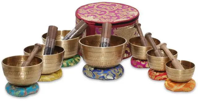 Main image of Tibetan Singing Bowl Set of 7, Handcrafted Singing Bowl for Meditation & Holistic Healing, Yoga Accessories, 3-5 Gold Singing Bowls with Wooden Striker, Cushion & Purple Carry Box
