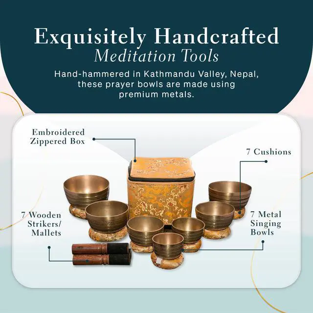 Alt view image 6 of 7 - Tibetan Singing Bowl Set of 7, Handmade Singing Bowl for Meditation & Holistic Healing, Yoga Accessories, 3-5 Brass Singing Bowls with Wooden Striker, Cushion & Gold Carry Box