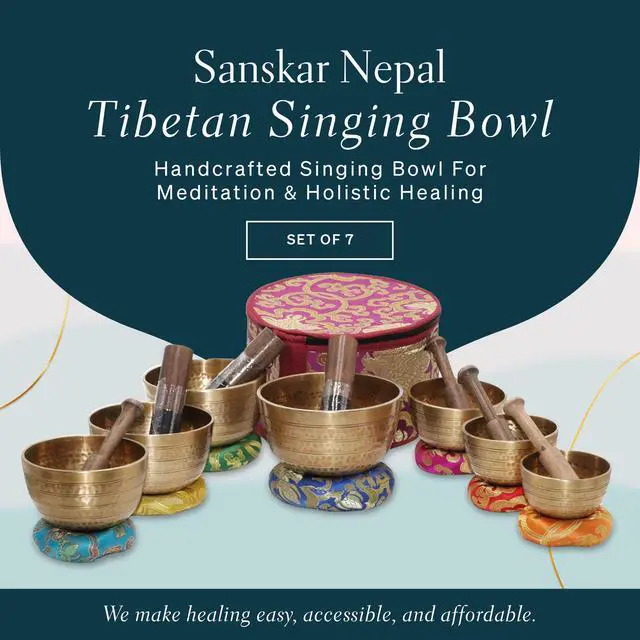 Alt view image 2 of 7 - Tibetan Singing Bowl Set of 7, Handcrafted Singing Bowl for Meditation & Holistic Healing, Yoga Accessories, 3-5 Gold Singing Bowls with Wooden Striker, Cushion & Purple Carry Box