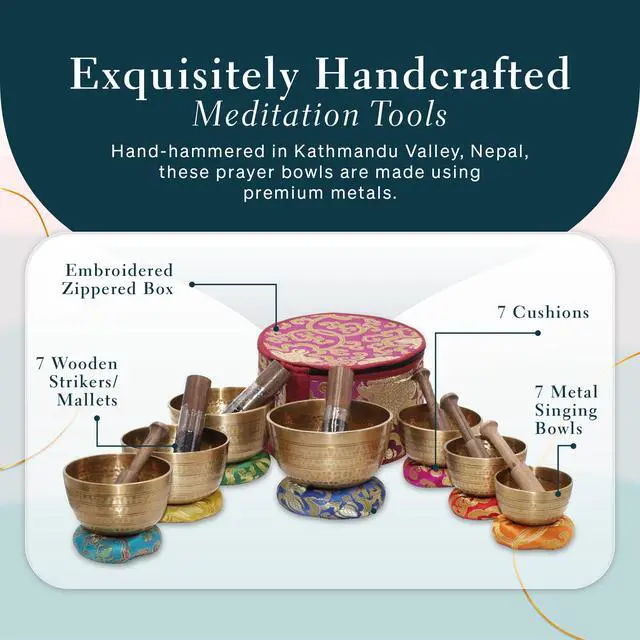 Alt view image 6 of 7 - Tibetan Singing Bowl Set of 7, Handcrafted Singing Bowl for Meditation & Holistic Healing, Yoga Accessories, 3-5 Gold Singing Bowls with Wooden Striker, Cushion & Purple Carry Box