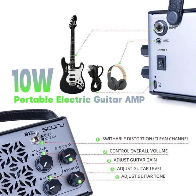 Alt view image 6 of 7 - Portable Guitar Amp,10W Mini Guitar Amplifier,Distortion,Clean Practice Amps for Electric Guita,Rechargeable Amp with Aux,Buletooth