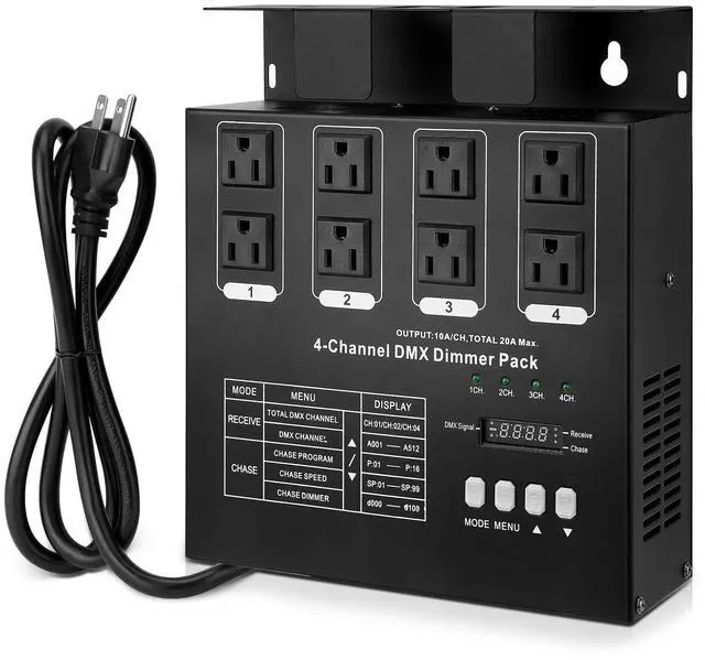 Main image of DMX 4-Channel Dimmer Pack with DMX512 Protocol Compatible with High-Voltage Halogen and LED Bulbs, 20A Max, Silicon Box for Stage Lighting Control