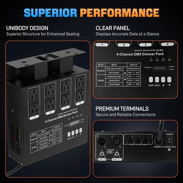 Alt view image 6 of 7 - DMX 4-Channel Dimmer Pack with DMX512 Protocol Compatible with High-Voltage Halogen and LED Bulbs, 20A Max, Silicon Box for Stage Lighting Control