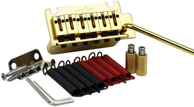 Main image of Guitar Tremolo Bridge with Brass Roller Saddle String Space 10.5mm & Brass Block & Spring and Claw, Pop-In Vibrato Bar, Complete Install Kit for Start ST Electric Guitar(GG-2001, Gold)