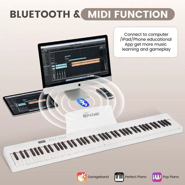 Alt view image 4 of 7 - Magnetic Detachable Folding Piano Keyboard, 88 Key Semi-Weighted Digital Piano, Full Size Electric Piano with MIDI Bluetooth, Carry-Bag, Sustain Pedal, key stickers (White)