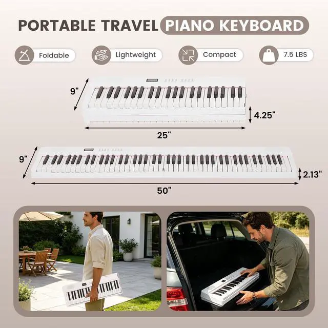 Alt view image 5 of 7 - Magnetic Detachable Folding Piano Keyboard, 88 Key Semi-Weighted Digital Piano, Full Size Electric Piano with MIDI Bluetooth, Carry-Bag, Sustain Pedal, key stickers (White)