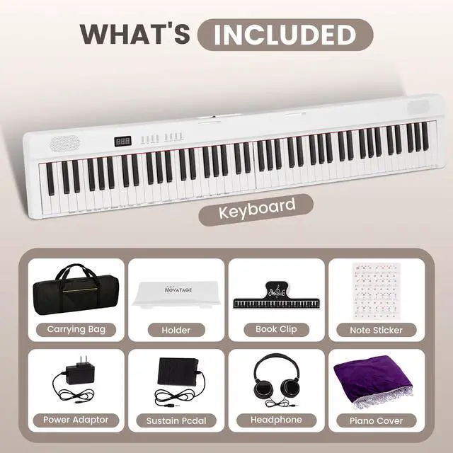 Alt view image 7 of 7 - Magnetic Detachable Folding Piano Keyboard, 88 Key Semi-Weighted Digital Piano, Full Size Electric Piano with MIDI Bluetooth, Carry-Bag, Sustain Pedal, key stickers (White)