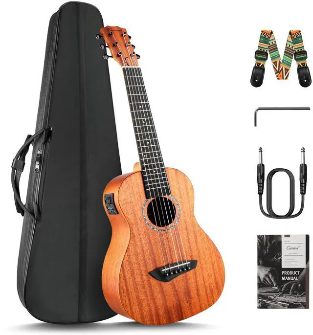 Main image of 30 inch All Solid Mahogany 6 String Electric Guitalele | Wooden LCD color display Small Hawaiian Beginner Guitar Starter Pack Bundle Gig bag, Strap,Strings Set