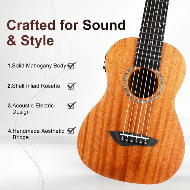 Alt view image 2 of 6 - 30 inch All Solid Mahogany 6 String Electric Guitalele | Wooden LCD color display Small Hawaiian Beginner Guitar Starter Pack Bundle Gig bag, Strap,Strings Set