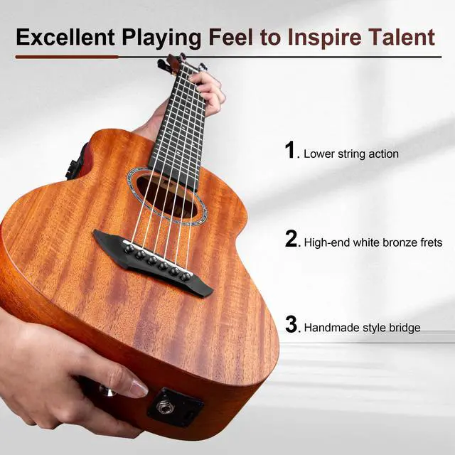 Alt view image 4 of 6 - 30 inch All Solid Mahogany 6 String Electric Guitalele | Wooden LCD color display Small Hawaiian Beginner Guitar Starter Pack Bundle Gig bag, Strap,Strings Set