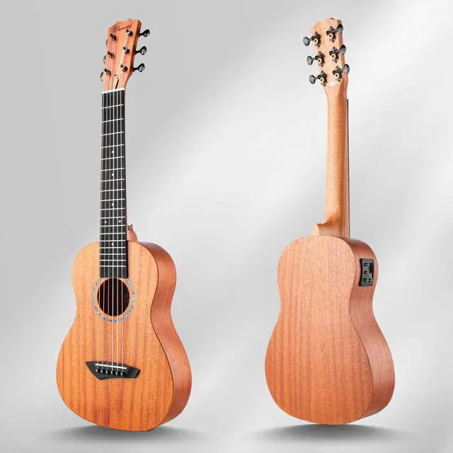 Alt view image 5 of 6 - 30 inch All Solid Mahogany 6 String Electric Guitalele | Wooden LCD color display Small Hawaiian Beginner Guitar Starter Pack Bundle Gig bag, Strap,Strings Set