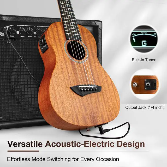 Alt view image 3 of 6 - 30 inch All Solid Mahogany 6 String Electric Guitalele | Wooden LCD color display Small Hawaiian Beginner Guitar Starter Pack Bundle Gig bag, Strap,Strings Set
