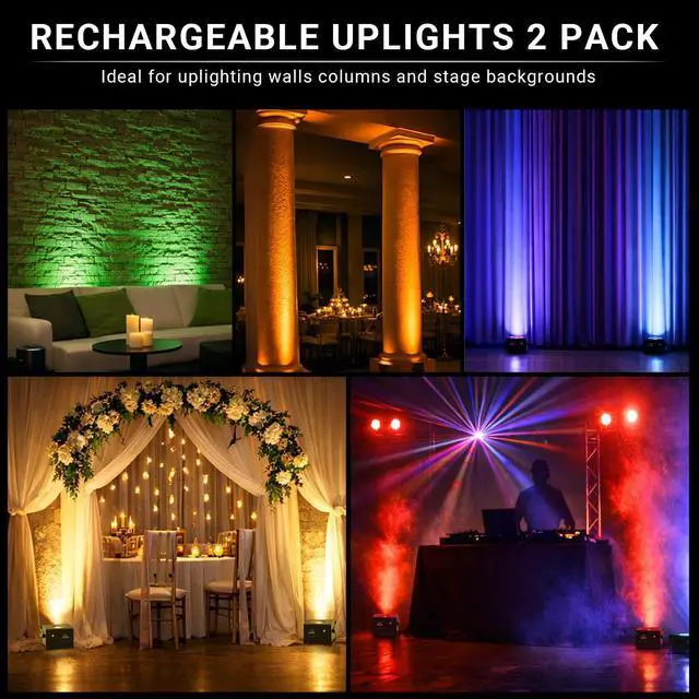 Alt view image 2 of 7 - Battery Powered RGB COB Stage Par Lights, Rechargeable, 2 Pack | 20H Single-Color Runtime, DMX & Remote Control, Sound Activated, Smooth RGB Color Mixing for Weddings & Events