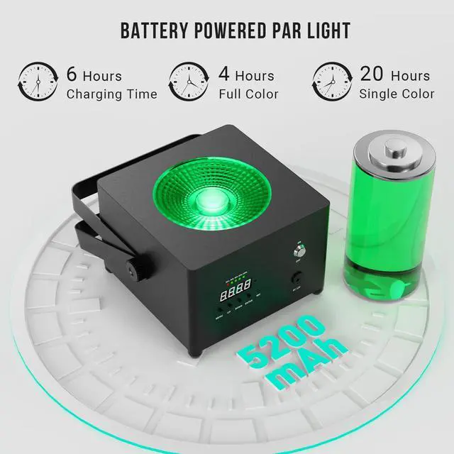 Alt view image 5 of 7 - Battery Powered RGB COB Stage Par Lights, Rechargeable, 2 Pack | 20H Single-Color Runtime, DMX & Remote Control, Sound Activated, Smooth RGB Color Mixing for Weddings & Events
