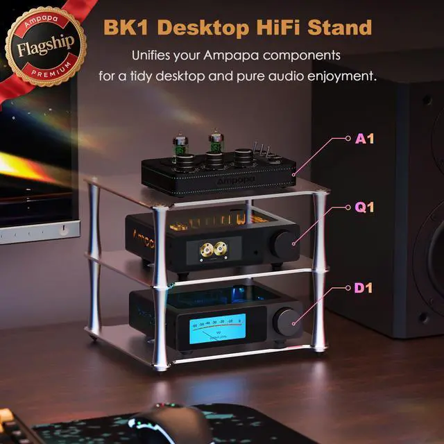Alt view image 2 of 7 - BK1 Desktop HiFi Stand: Aluminum Audio Rack A1 D1 Q1 Amplifier DAC Preamp with Passive Cooling Modular Stack Design for Home Desk Setup