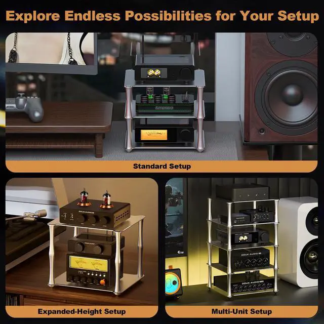 Alt view image 6 of 7 - BK1 Desktop HiFi Stand: Aluminum Audio Rack A1 D1 Q1 Amplifier DAC Preamp with Passive Cooling Modular Stack Design for Home Desk Setup
